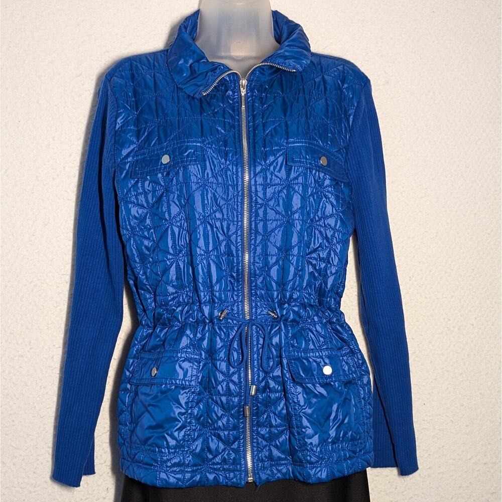 Chicos Jacket Women Sz 2 - Medium Royal Blue Quilted Rib Knit Cinch Waist Pocket